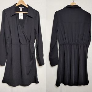 H&M Long Sleeve Wrap Style Shirt Dress Elastic Waist Polyester Black Medium New